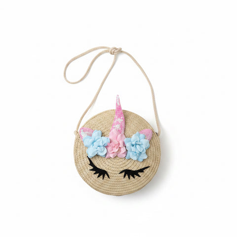 Borsa unicorno in paglia colore beige con tracolla