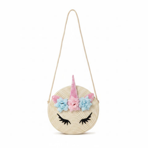 Borsa unicorno in paglia colore panna con tracolla