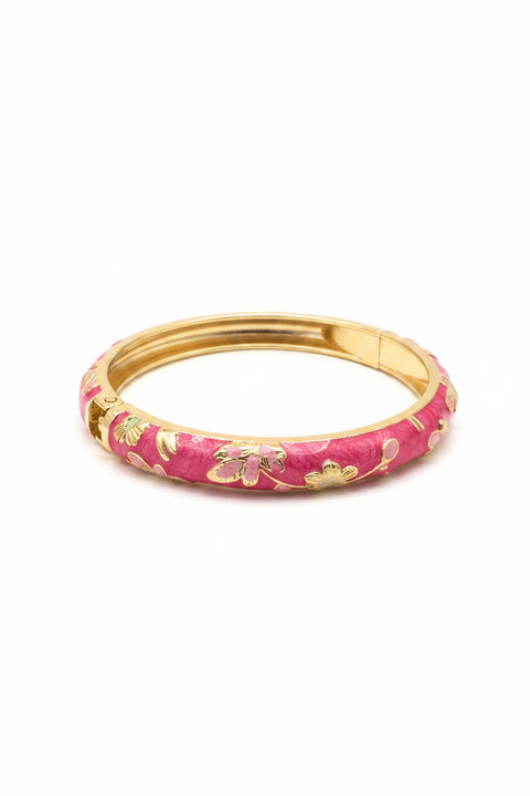 Bracciale rigido colore rosa e oro con dettagli floreali verdi