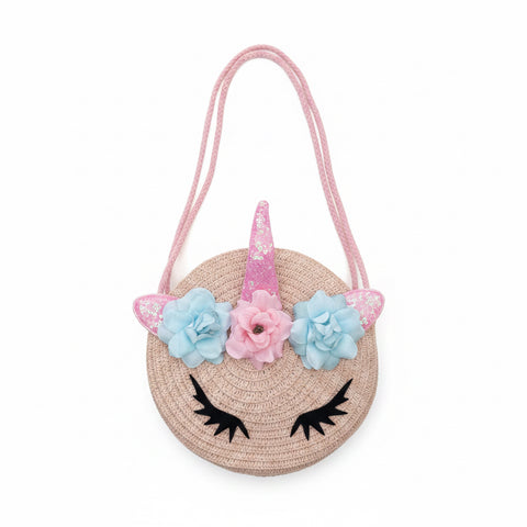 Borsa unicorno in paglia colore rosa con tracolla