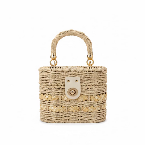 Borsa a Mano Intrecciata in Rafia Beige con Dettagli Dorati con tracolla