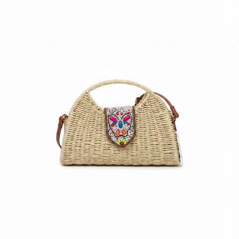 borsa a mano in paglia intrecciata beige con tracolla