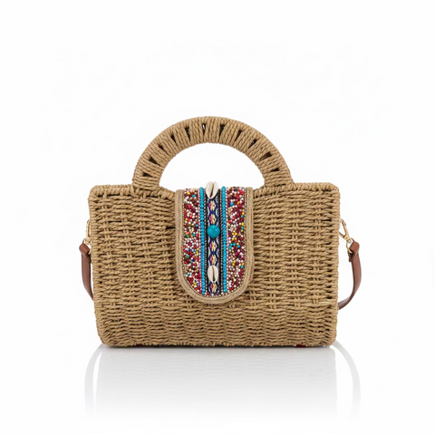 borsa a mano in paglia intrecciata beige scuro