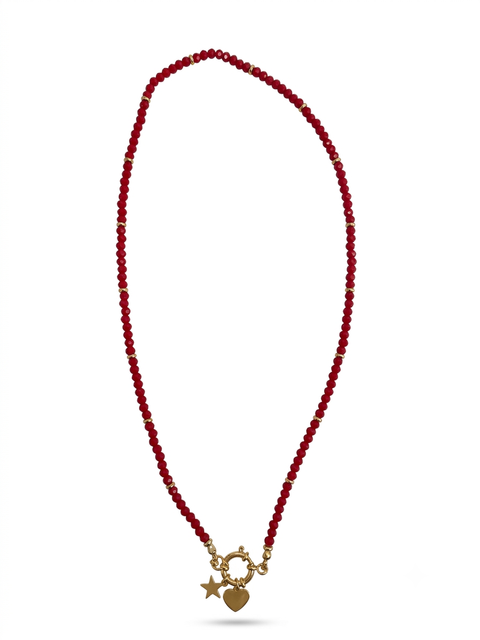 COLLANA PERLINE ROSSE CHARM CUORE+STELLA