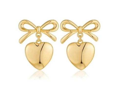 ORECCHINI-fiocco con cuore pendente in colorazione oro-NICKEL FREE ANTIALLERGICO