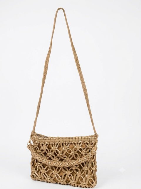 BORSA MACRAMÈ A MANO E SPALLA FANGO E ORO