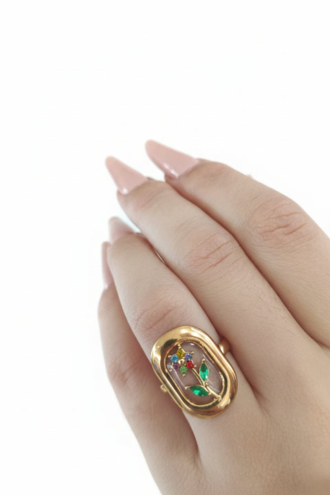 Anello ovale con fiore multicolore colore oro