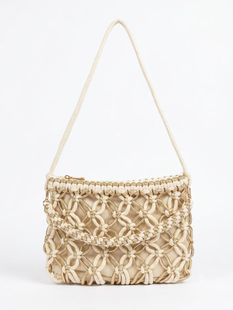 BORSA MACRAMÈ A MANO E SPALLA BEIGE E ORO