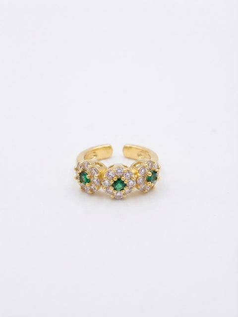 ANELLO TRIS FIORI STRASS VERDE E GOLD