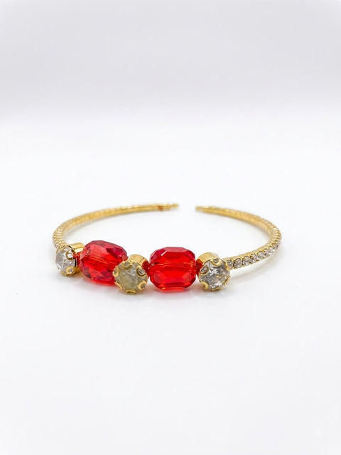 BRACCIALE A MOLLA STRASS E PIETRA QUADRATA ROSSA/GOLD