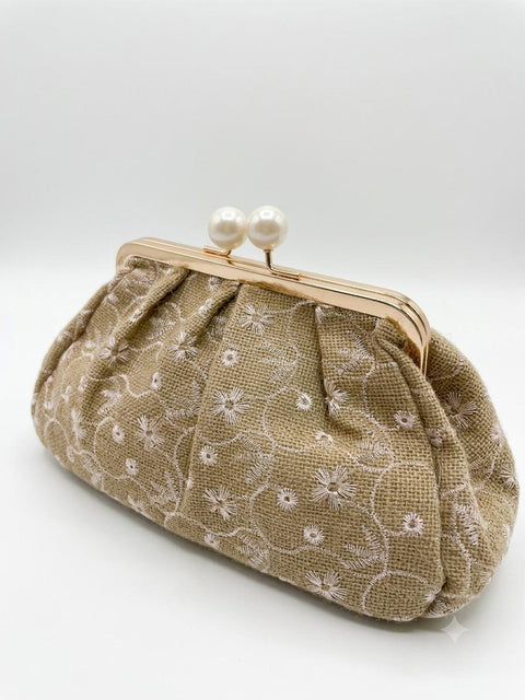 BORSA CLUTCH IN PAGLIA BEIGE E FIORI+TRACOLLA