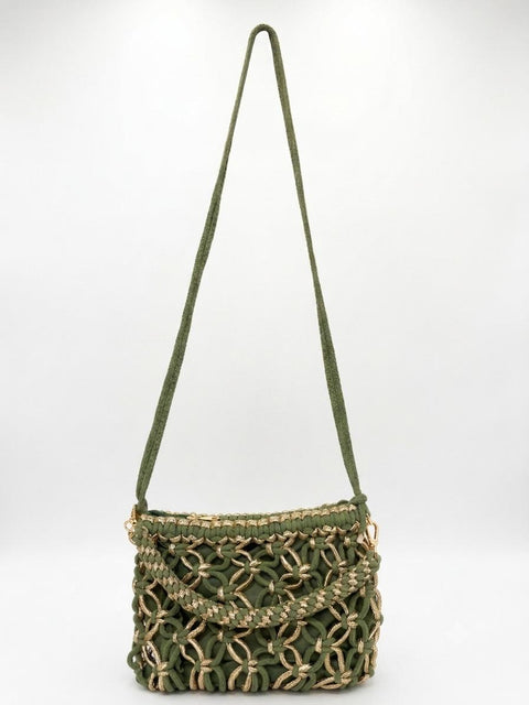 BORSA MACRAMÈ A MANO E SPALLA VERDE E ORO